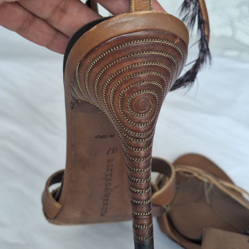 BOTTEGA VENETA TLC Tan Stiletto Heel Strappy Sandals Size 37/US 7 - Picture 7 of 14